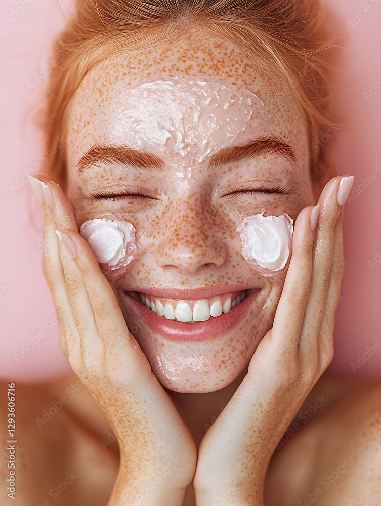 Fototapeta premium Girl puts moisturizing cream on face. Sunscreen product on facial skin. Beauty self care. Skincare and facial treatment concept. Natural organic cosmetic products. Spa wellness treatment concept