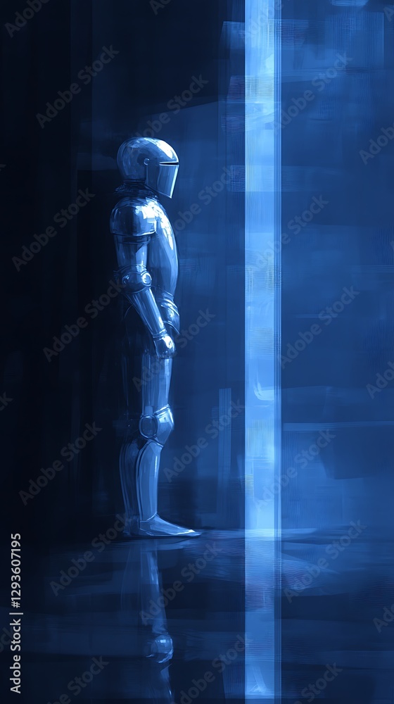 Obraz premium Cyborg Contemplates Future Cityscape