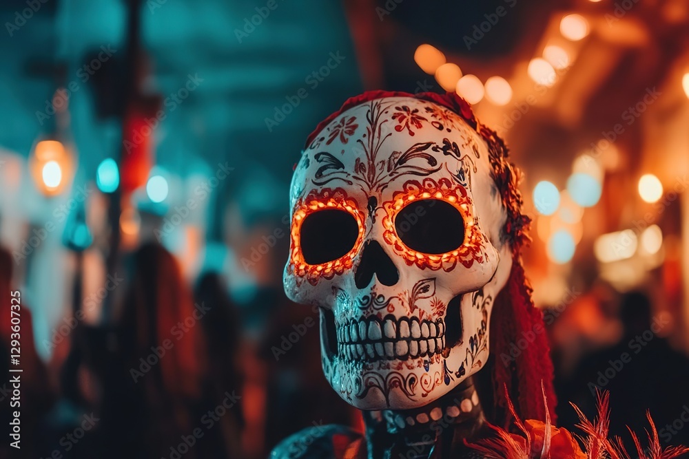 The man's face is made up to look like a skull, a guitar with drawings symbolizing the Cinco de Mayo holiday. The concept of the holiday The man's face is made up to look like a skull, a guitar with drawings symbolizing the Cinco de Mayo holiday. The concept of the holiday