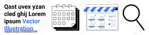 Calendar, online storefront with striped awning, magnifying glass, sample text. Ideal for scheduling, online shopping, search optimization, e-commerce strategies, marketing business planning web