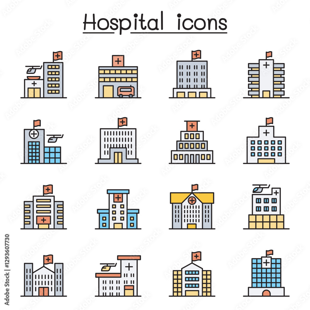Hospital building icon set in thin line style Hospital building icon set in thin line style