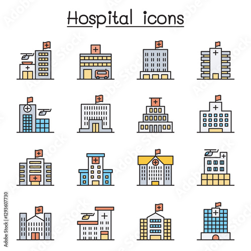 Hospital building icon set in thin line style