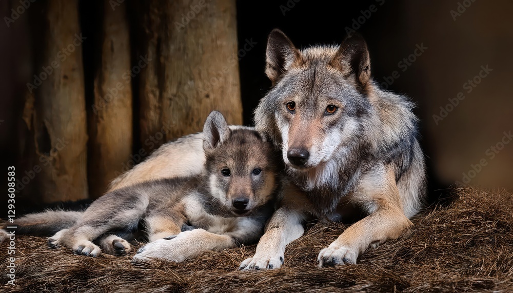 Fototapeta premium Grey Mother Wolf with Young Ones, Cozy Cuddles in their Lair Serene Solace Amidst a Winter Woodland Nest, Capturing the Tender Bond between Family and Natures Embrace.