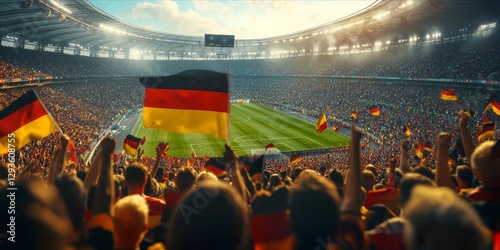 Germany Flag fans cheer enthusiastically at the football stadium.