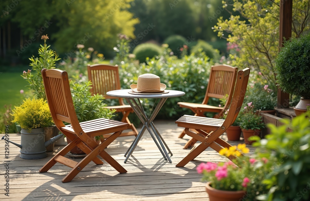 Outdoor terrace with wooden furniture set for relaxation. Table, chairs, straw hat in lush green garden. Cozy backyard, ideal for resting, gardening, enjoying nature, spring sun. Outdoor terrace with wooden furniture set for relaxation. Table, chairs, straw hat in lush green garden. Cozy backyard, ideal for resting, gardening, enjoying nature, spring sun.