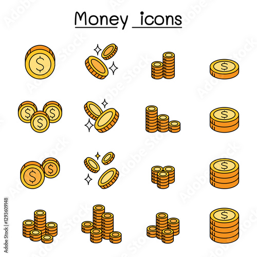 Money & coin icon set in thin line style