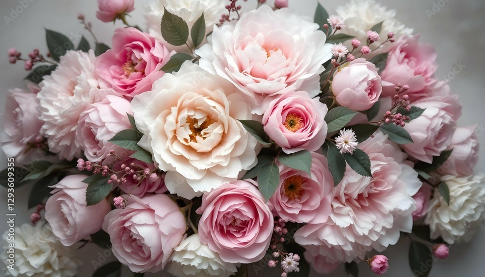 Fototapeta premium Pastel floral picture with bouquet of blossoming peonies in soft shadows, studio lighting.