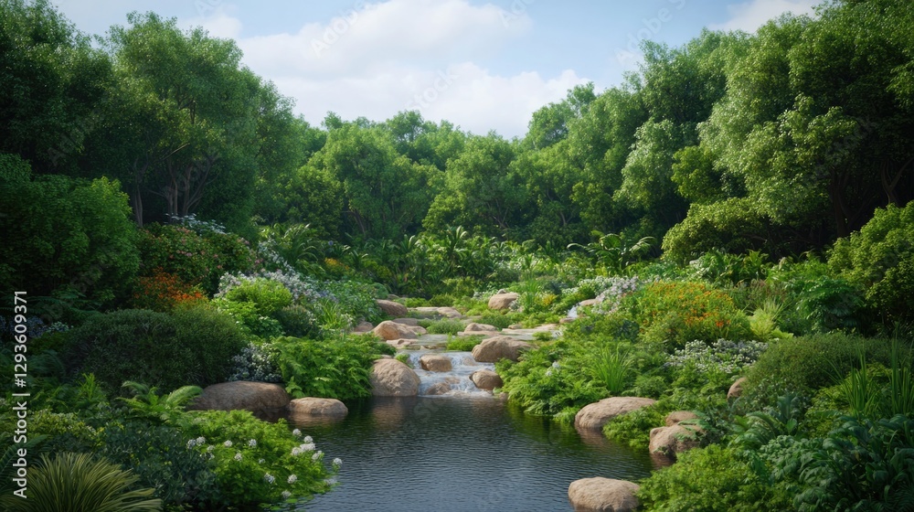 Lush greenery surrounds tranquil stream, creating serene and vib Lush greenery surrounds tranquil stream, creating serene and vib