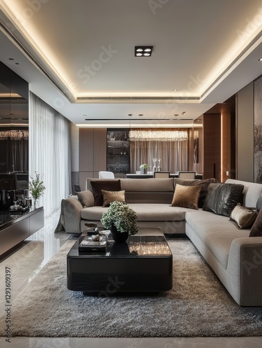 The elegant living room features modern design and comfort