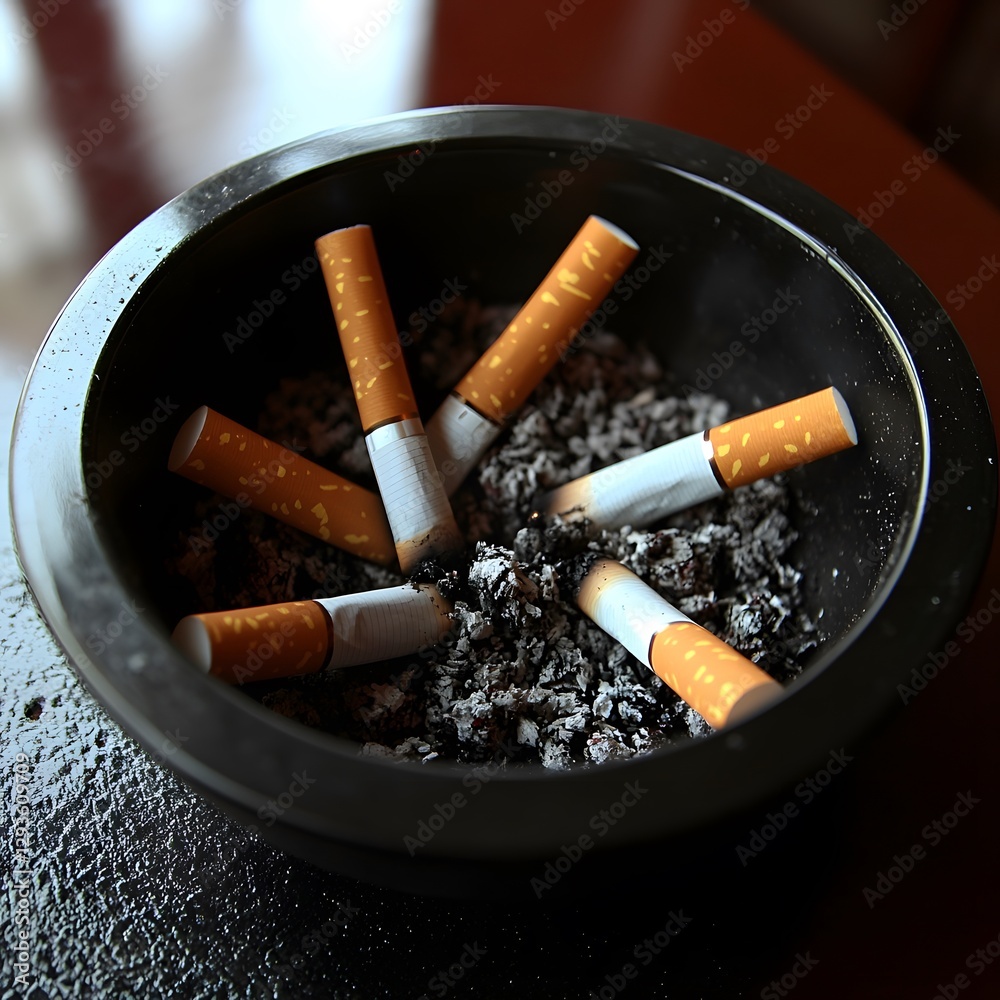 Closeup of Cigarettes in Black Ashtray, Smoking Concept Closeup of Cigarettes in Black Ashtray, Smoking Concept