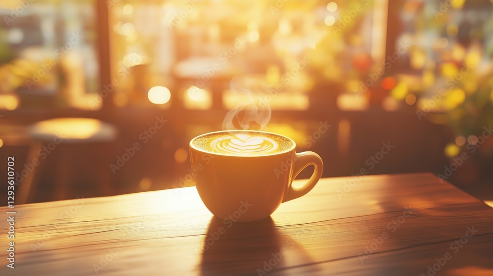 Fototapeta premium White coffee cup on a wooden table in the cafe, morning sunlight