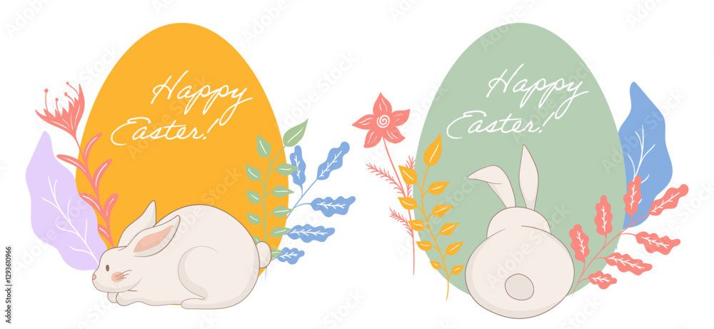 Easter set. Back-facing bunny, green egg, detailed floral accents, artistic pastel palette, warm seasonal greeting, peaceful nature-inspired design, elegant holiday composition, spring theme