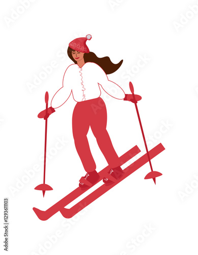 Young girl in winter clothes, short down jacket, hat and trousers on skis - vector color flat illustration, character for design