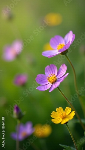 Close-up of delicate purple and yellow wildflowers in a meadow, summer, yellow