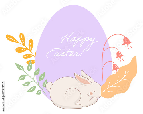 Sleeping bunny Easter card icon. Cute rabbit curled up in front of a large purple egg with Happy Easter text, surrounded by colorful leaves and flowers. Cozy holiday illustration