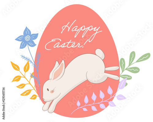 Jumping bunny Easter card icon. Playful rabbit leaping in front of a pink egg with Happy Easter text, surrounded by decorative leaves and flowers. Joyful spring holiday design