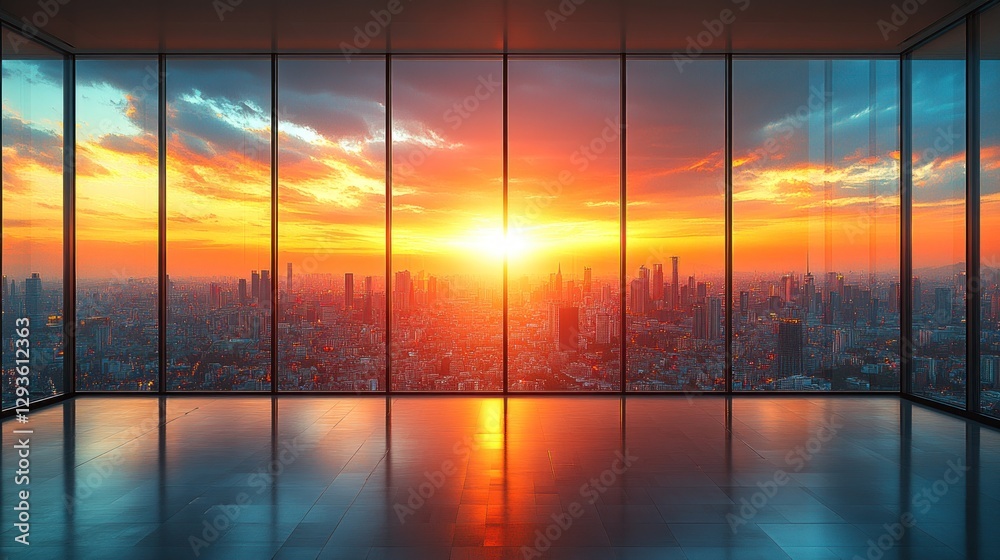 Fototapeta premium Empty office space, sunset city view