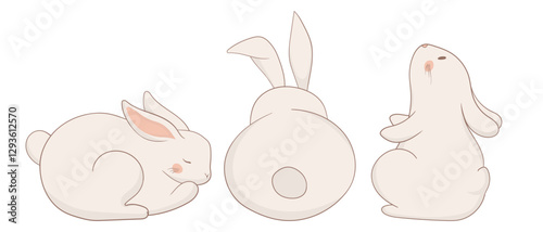 Sleeping, back-view, and sitting bunny icon. One rabbit is curled up asleep, another is shown from behind with perked ears, and the third sits upright. A simple and balanced animal illustration