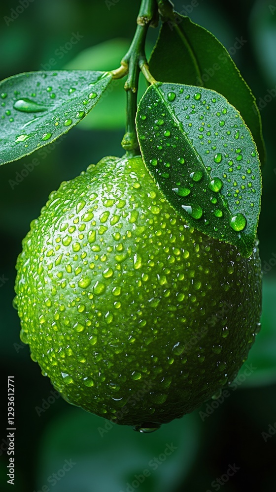 Fresh lime hanging from branch with water droplets, refreshing green citrus fruit
