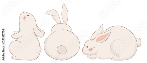 Sitting, back-view, and lying bunny icon. One rabbit sits upright, another is viewed from behind, and the third lies down in a relaxed pose. A soft and minimalist animal illustration