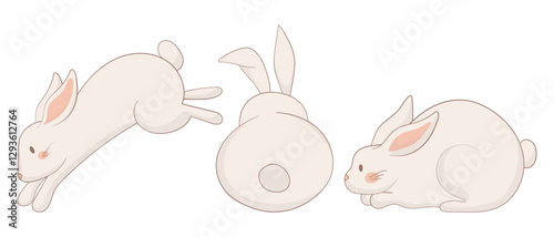 Jumping, back-view, and resting bunny icon. One rabbit is mid-leap, another is shown from behind with perked ears, and the third lies down. A simple and dynamic animal illustration
