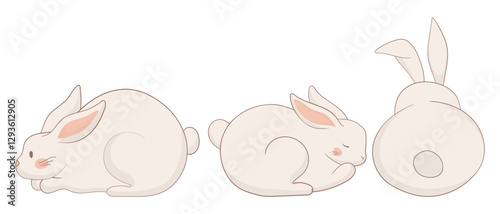 Resting, sleeping, and back-view bunny icon. One rabbit lies down, another is curled up asleep, and the third is viewed from behind. A soft and minimalist animal illustration