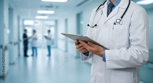 Salud y medicina. Medicina y tecnología. Doctor trabajando en tableta digital en el fondo del hospital