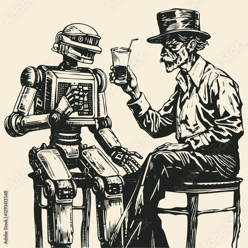 Vector illustration. Inventor offers his robot a cocktail. Vintage engraving style. Perfect for themes like technology, future, or friendship.