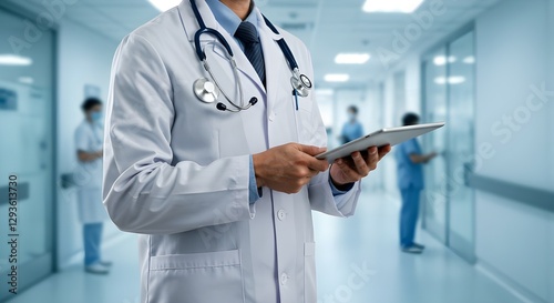 Salud y medicina. Medicina y tecnología. Doctor trabajando en tableta digital en el fondo del hospital