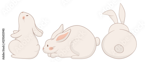 Sitting, resting, and back-view bunny icon. One rabbit sits upright, another lies down in a relaxed position, and the third is viewed from behind. A minimalistic and charming animal illustration