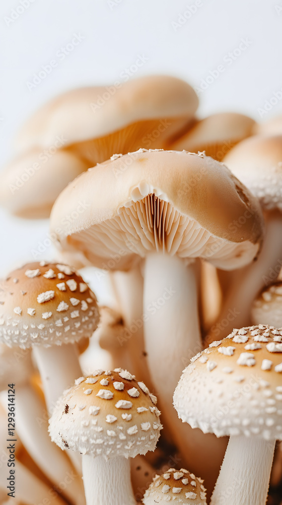 Mushrooms growing on a white background, close-up of mushrooms
Mushrooms growing on a white background, close-up of mushrooms