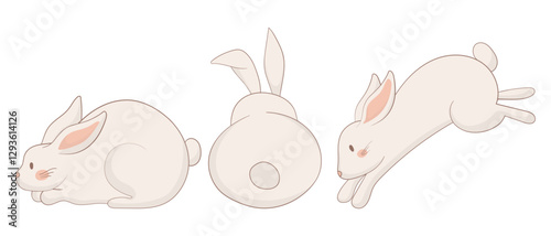 Sleeping, resting, and jumping bunny icon. One rabbit is curled up asleep, another lies down, and the third is mid-leap. A harmonious and adorable animal illustration