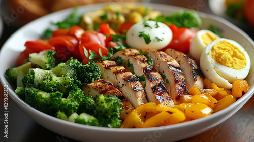  grilled chicken salad bowl with broccoli tomatoes and eggs food meal diet lunch fresh tasty