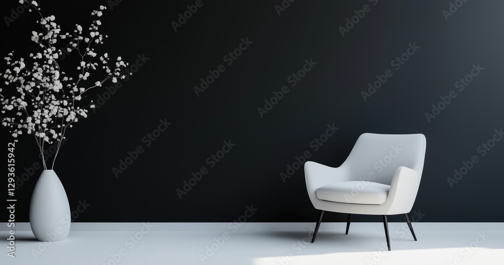 Fototapeta premium Mur noir avec sol blanc, fauteuil moderne et vase de fleurs. Concept de décoration intérieure minimaliste pour une maison, un bureau ou une chambre d'hôtel