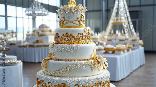 Extravagant Wedding Cake Display: A multi-tiered, ornate wedding cake is presented with elaborate detail and decorative elements. capturing the essence of luxury and celebration