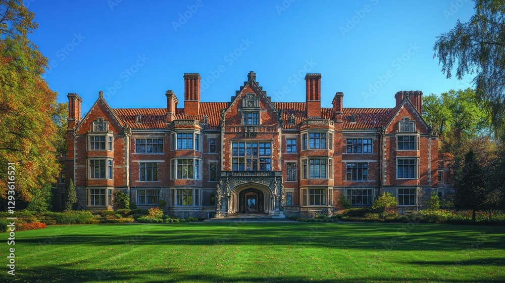 Fototapeta premium Autumn facade of historic brick mansion