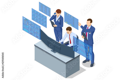 Isometric vector of traders interacting with a large digital financial interface on a computer, making buy and sell decisions. Stock trading, cryptocurrency, forex, investment