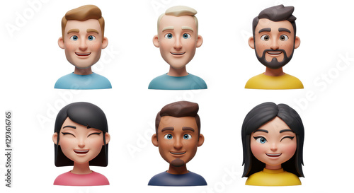 3D illustration of smiling people close up portraits set. Cute cartoon business men and women avatars, multi ethnic male and female characters faces, isolated on white