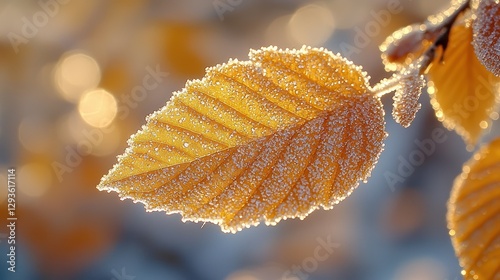 Frozen autumn leaf in sunlight photo