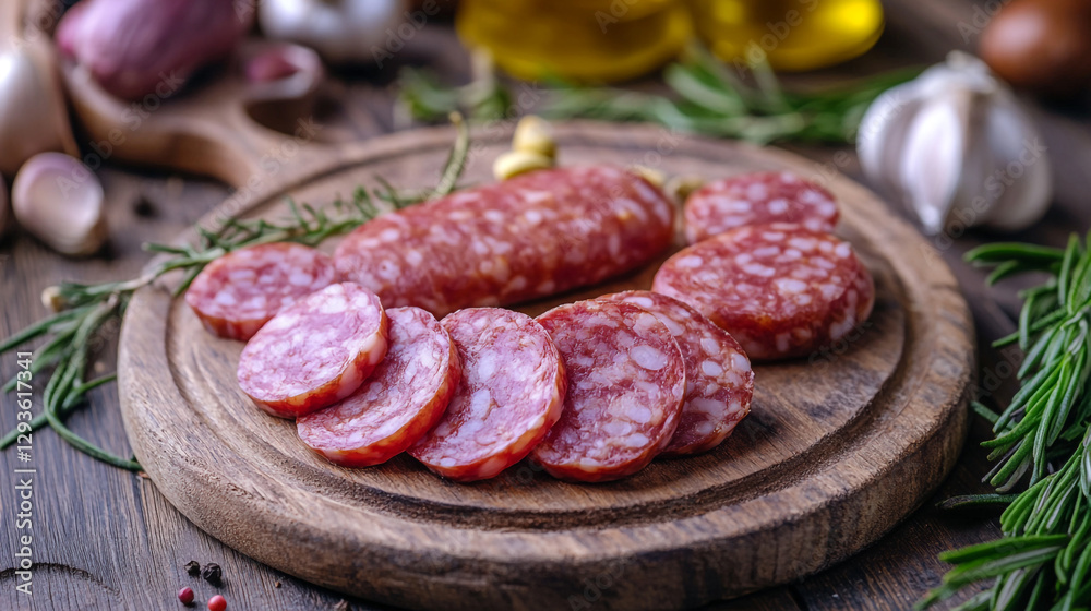 italian salami slices on rustic wooden board with rosemary food meat herb dark life snack italian salami slices on rustic wooden board with rosemary food meat herb dark life snack