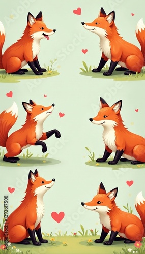 Playful foxes engaging in comical activities in a repeating design, texture, wildlife