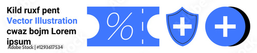 Coupon with percentage sign, shield with cross, and circular cross icon represent savings, health, discounts, safety, protection, healthcare access and reliable services. Ideal for promotions