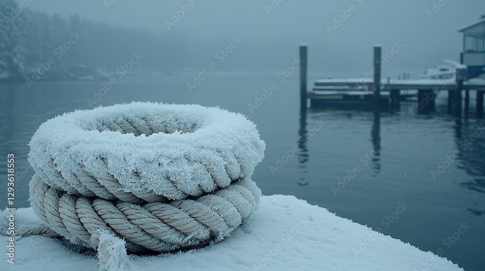 Fototapeta premium Frozen mooring rope on snowy dock