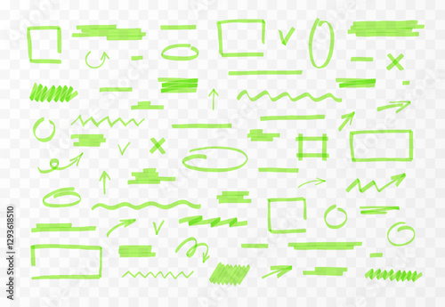Green marker pen or highlighter lines and shapes vector set, transparent brush pen strokes, arrows, geometric shapes