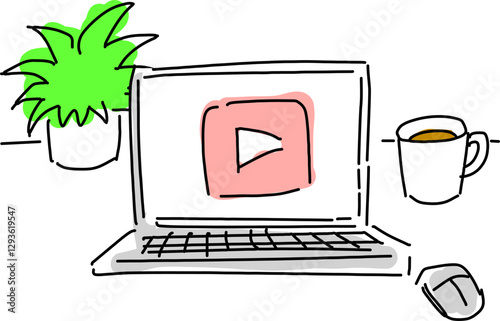 動画を再生するPCのシンプル線画