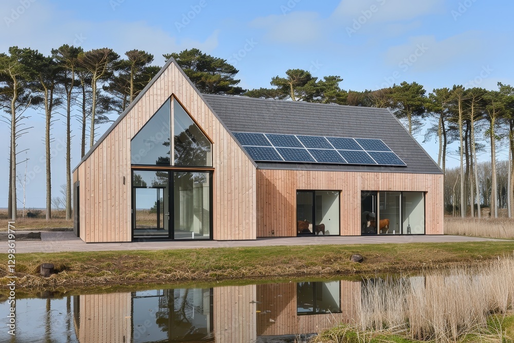 A modern, eco-friendly house with solar panels, surrounded by trees and a reflective pond, showcasing sustainable architecture. A modern, eco-friendly house with solar panels, surrounded by trees and a reflective pond, showcasing sustainable architecture.