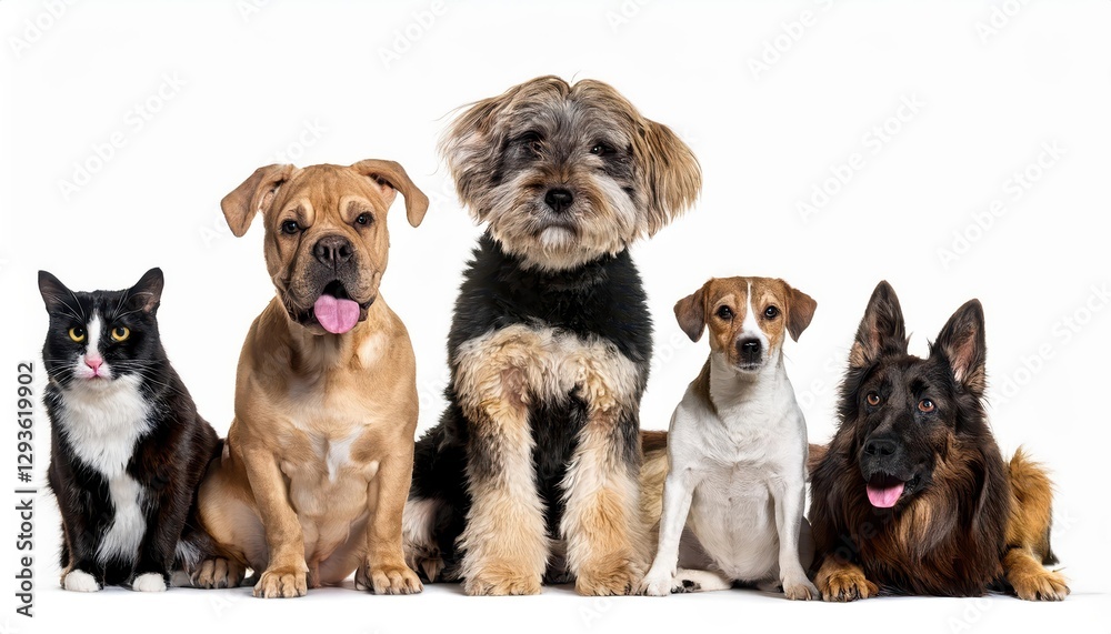 Charming Collection of Furry Friends Bonding on a Pure White Canvas, Sparkling Eyes Radiate Warmth and Playfulness in this Heartwarming Scene, Embracing the Joy and Connection between Mans Best Charming Collection of Furry Friends Bonding on a Pure White Canvas, Sparkling Eyes Radiate Warmth and Playfulness in this Heartwarming Scene, Embracing the Joy and Connection between Mans Best
