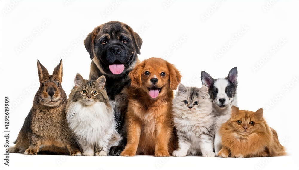 Adorable Group of Pets Posing against a Spotless Background A Heartwarming Scene Filled with Playful Energy and Boundless Love. Adorable Group of Pets Posing against a Spotless Background A Heartwarming Scene Filled with Playful Energy and Boundless Love.