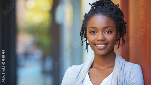 This portrait features a smiling young woman in an urban environment, showcasing warmth and confidence. The gentle light creates a vibrant and cheerful atmosphere.