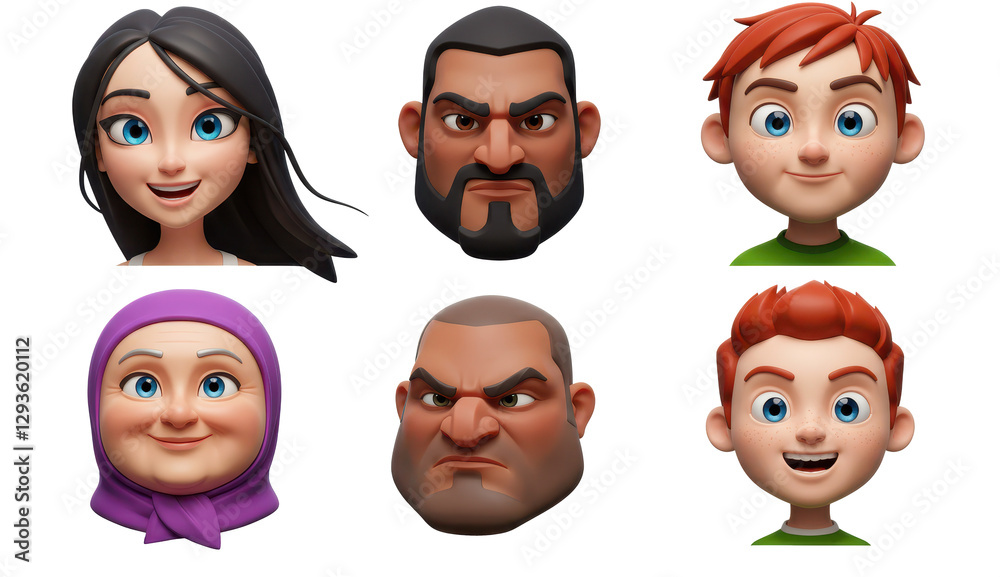 3D illustration of smiling people close up portraits set. Cute cartoon business men and women avatars, multi ethnic male and female characters faces, isolated on white 3D illustration of smiling people close up portraits set. Cute cartoon business men and women avatars, multi ethnic male and female characters faces, isolated on white
